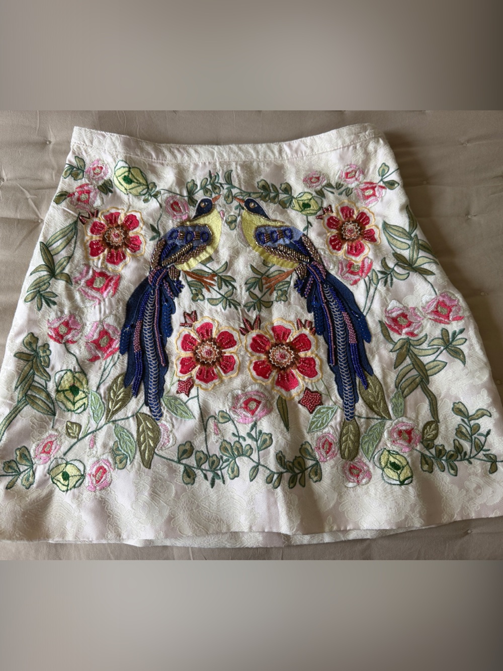 H&M Exquisite Beaded Cream & Pink Brocade Embroidered Bird & Floral Skirt